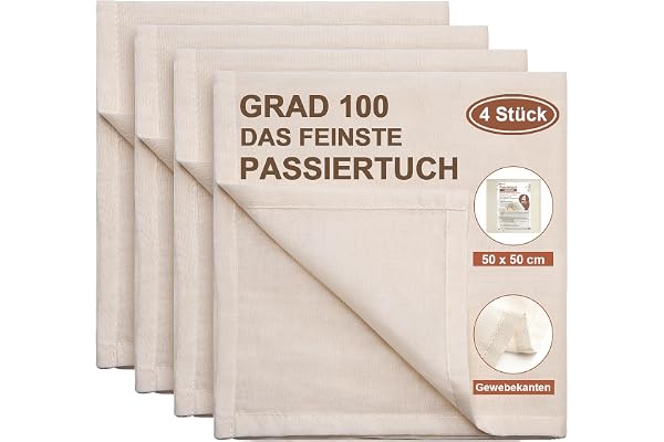 eFond 4 pièces Étamine Alimentaire, 50x50cm Tissu Ourlé Mousseline Alimentaire, Lavable Réutilisable Grade 100 Toile en Coton Pur Non Blanchi, Passoire pour Filtrer Fromage Beurre Jus Lait de Noix