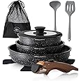 Kitchen Academy Non Stick Cookware Set, 10 Piece Granite-Coated Induction Pots and Pans Set with Detachable Handle, Stackable RV Cooking Set for Camping, Camp, Black