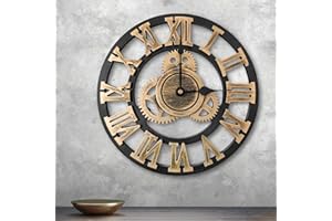 ALEENFOON Reloj de Pared de Madera de Cuarzo con Números Romanos con Engranajes Vistos, Silencioso, no Hace tictac, para Sala de Estar, Dormitorio, Oficina, Cocina (30 CM, Roman Numerals)