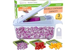 Brieftons QuickPush Food Chopper (BR-QP-02): 200% More Container Capacity, 30% Heavier Duty, Kitchen Vegetable Fruit Dicer, Onion Tomato Potato Fries Cutter, with 3 Dicing Blades & Lid