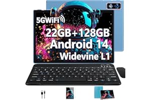 DEERTIME Tablette 2025 Nouvelle Tablettes 10 Pouces Android 14 avec 22Go RAM 128Go ROM 5G+2.4G WiFi, GPS, Octa-Core 2.0Ghz, GMS, 8000mAh, Widevine L1, BT5.0, Tablette Tactile avec Clavier| Souris| Etui - Bleu