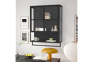 CELYA Retro Welle Glastür Wandschrank mit abnehmbaren Regalen, passend für Büros, Esszimmer, Wohnzimmer, Küchen und Badezimmer (schwarz)