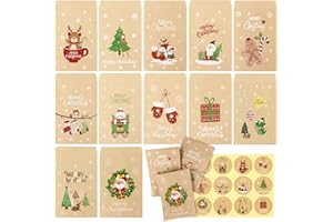 GEBETTER 48* Bolsitas Sobres Regalo Navidad + 48* Pegatinas, Papel Kraft 12 Modelos, Bolsas Navideñas Chuches Dulces Detalles Regalitos Tarjetas Caramelos Fiestas Infantiles Niños Invitados 12,5x7,7cm