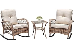 ATR ART TO REAL Schaukelstuhl Gartenmöbel Set,Rattan Schaukelstühle Outdoor Balkonmöbel Kleiner Balkon,Set mit 2 Schaukelstühlen und Couchtisch aus gehärtetem Glas für Hinterhof