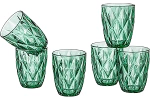 Baroni Home Set 6 pz Bicchieri Diamante in Vetro Colorati e Decorati con Rombo in Rilievo 28 CL, Bicchieri Eleganti Lavabili in Lavastoviglie, 8x8x10 cm Verde