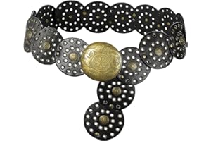 Liutufy Wide Disc Belt for Women Vintage Hollow Boho Leather Belt Western Chunky Waist Belt Cowboy Metal Buckle Concho Belts