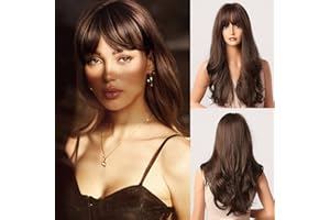Honygebia Peluca Marrón Oscuro con Flequillo - Pelucas Largas Onduladas Castañas para Mujeres, Cabello Sintético Resistente al Calor de Aspecto Natural - Las Mejores Pelucas para Halloween/Fiesta