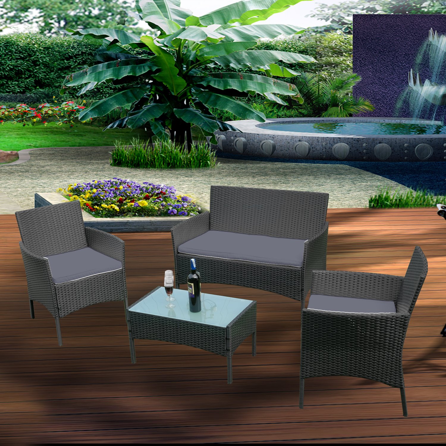 UISEBRT Balkonmöbel Set - Gartenmöbel Set Polyrattan Sitzgruppe Lounge mit 2-er Sofa, Tisch, Singlestühle und Anthrazit Sitzkissen, Schwarz – Bild 10