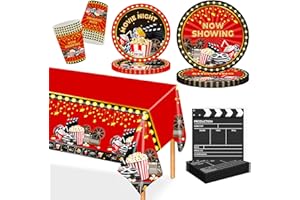 MORAINJAY 97 Pcs Hollywood Movie Night Party Decorations, Movie Night Birthday Party Tableware Set, Night Paper Plates, Paper Cups, Napkins, Hollywood Birthday Ceremony Theme Supplies(24 Guests)