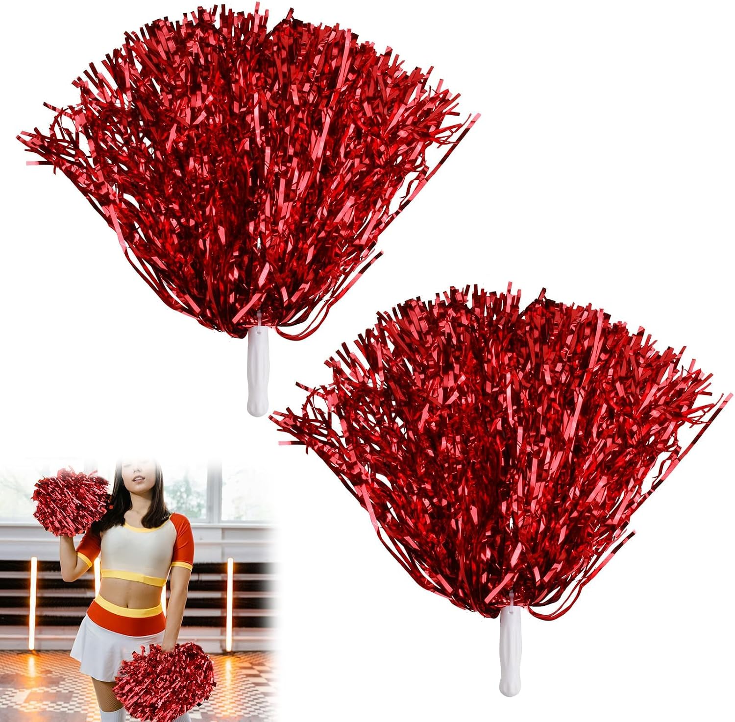 Pompones de Porristas, 2 piezas Pompones Rojos de Lámina de Metal, Pompones, Accesorios con Hebilla de Anillo para Baile, Animación y Fiestas Deportivas, Duraderos y Brillantes