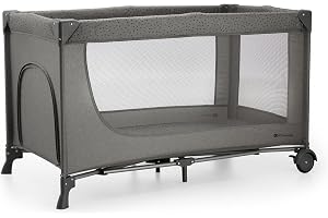 Kinderkraft JOY 2 barnsäng, 2-i-1 barnresesäng, babysäng, resesäng, modern design, små mått efter hopfällning, hjul