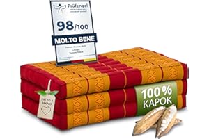 livasia Materasso sostenibile in kapok - 140x70x8 cm - materasso pieghevole, materassino da campeggio, tappetino yoga ecologico, lettino per giardino e balcone (Rosso/Giallo)