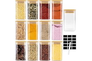 Cinnani 12 Bocaux à Épices CarréS en verre 200 ml avec Couvercle en Bambou, pot Epices Verre, RéCipient à éPices, Ensemble de Pots à ÉPices, Boite a Epices Cuisine Rangement avec Étiquettes Vierges