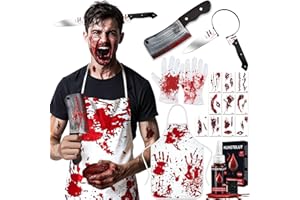 SYNERIX Halloween Kostüm Damen Herren Gruselig - Metzger Kostüme Halloween Männer Costume Erwachsene Horror mit 10ml Kunstblut, Messer mit Blut, Haarreif Messer, Handschuhe und 10 Halloween Tattoos