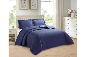 PRIME LINENS 3 Piece Quilted Bedspread Embossed Leaf Pattern Bedding Set Bed Throw with Pillow Cases Machine Washable (Dark Blue, Double)
