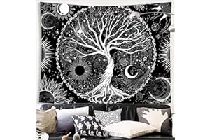Sequpr Baum des Lebens Wandteppich Sonne Mond Tapisserie Schwarz Wandbehang Wandtuch Wanddeko Wandteppich für Schlafzimmer Wohnzimmer Wohnheim (130x150cm)