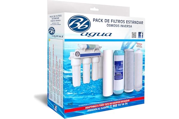 Pack de 4 Filtros ósmosis. Pack de Recambio de Filtros compuesto por 1 de Sedimentos, 1 de Carbón GAC, 1 de Carbón Block, 1 Post Filtro de Coco. Bbagua.