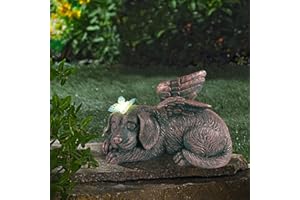 Yeomoo Solarna dekoracja ogrodowa dla psów, figurki do użytku na zewnątrz z buttfly – odporna na warunki atmosferyczne, statuetka zwierzęcia, dekoracja na balkon, śpiący szczeniak, zasilany energią słoneczną, figurka na nagrobek, prezent dla kobiet, mamy, miedź