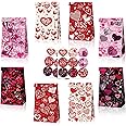 SOOFAM Valentines Gift Bags Party Favors - 12 PCS Valentine Paper Bags + 8 PCS Valentine Stickers for Kids Adult, 8 Patterns Valentine Treat Bags Valentine Goodies Bags for Wrapped Gifts Party