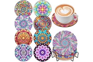 SOEWIOU Diamond Painting Coasters with Holder, 8 Pcs Mandala DIY Art Coasters Kits, Round Full Drill Diamond Art Craft Supplies for Adults & Kids, Beginners