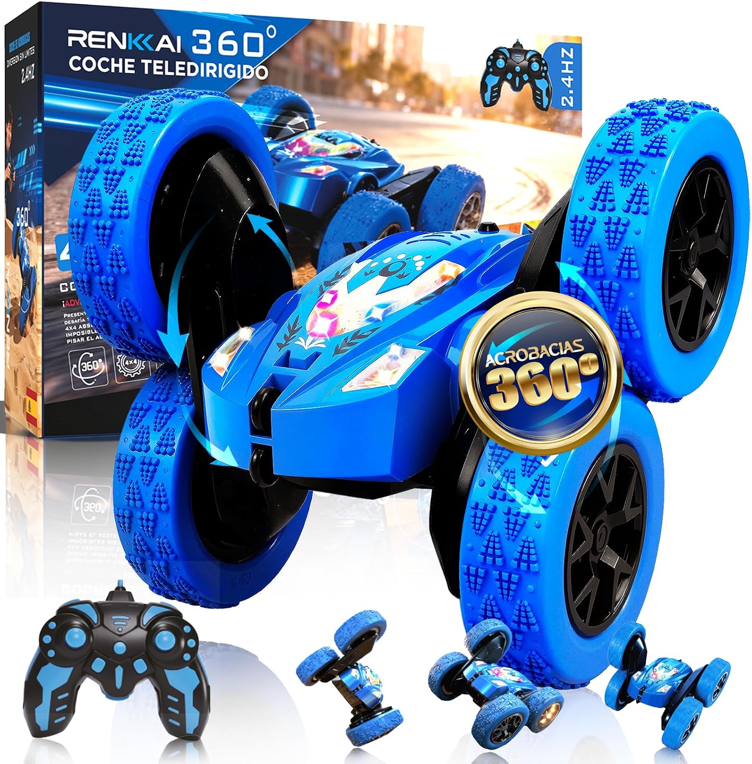 RENKKAI Coche Teledirigido Niños 3 4 5 6 7 8 Años | Coche teledirigido niños 4 años | Juguete Niño Regalo 3 4 5 6 7 8 9 12 Años | 2.4Ghz con Luces | Coches para Niños | ACROBÁTICO 360°