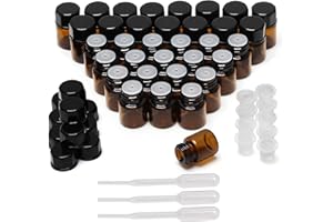 BELLE VOUS 50 szt. buteleczek do przechowywania olejków eterycznych – brązowe butelki szklane z wkładkami 1 ml – butelki wielokrotnego napełniania z czarnymi nasadkami i kroplomierzami do olejków i