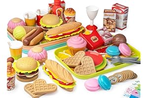 KidMigo Kaufladen Zubehör, 142-teiliges Einkaufswagen für Kinder, Eisdiele Kinder, Schneide- & Stapel-Sandwich-Theke, Spielgeld Kinder, Kinderküche Zubehör für Mädchen Jungen Geburtstagsgeschenk