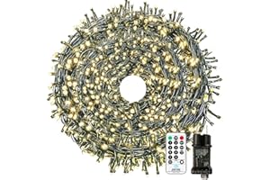 Bowfar Łańcuch świetlny 60M 600 diod LED, ciepła biel łańcuch świetlny na zewnątrz i wewnątrz, 8 trybów, wodoodporny, lampki, z pilotem, do imprezę, do ogrodu, sypialni, dekoracja bożonarodzeniowa