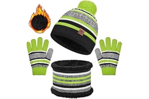 Yuson Girl 3 Pcs Kids Winter Stripe Knitted Bobble Beanie Hat Snood Scarf Gloves Set with Thick Fleece Lining Cotton Thermal Knit Pom Pom Hat Cap Neck Warmer for Children Outdoor Boy Girl