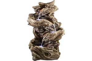 SERENITY WATER FEATURES Serenity Four-Tier Wood-Effect Water Feature, Light Up LED, Self Contained for Garden, Decking & Patio, Outdoor, Weatherproof (Height - 76.5cm)