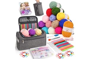 Aeelike Crochet Kit, Crochet Kits for Beginners Adults with Instructions 16Pcsx25g Crochet Yarns Ergonomic Metal Crochet Hooks Set 2mm-8mm Knitting Accessories Storage Case Crochet Starter Kit - Grey