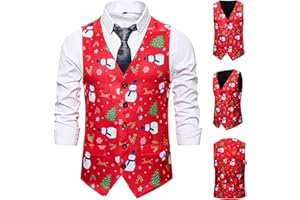 YINGZI Men's Fun Waistcoat Christmas Festive UK Sale 3d Happy Santa Claus Xmas Suit Vests Men's Christmas Vest Suit Tie Holiday Business Bow Tie Dress Waistcoat V-Neck Party Snowflake Xmas Costumes