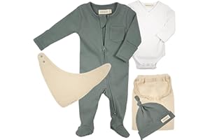 BEBICCO - Kit Naissance Bebe - Premium - 100% Coton Bio de Haute qualité (certifié GOTS) - 0-3 mois - Pyjama et Body avec Gants intégrés - Bonnet - Bavoir et Ponchon de Rangement.