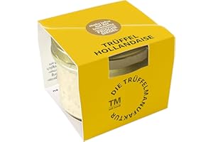 Die Trüffelmanufaktur - Trüffel Hollandaise Soße, Feinkost Trüffelcreme mit 10% echtem schwarzem Trüffel, Trüffelhollandaise Sauce für Spargel, Gemüse, Fisch & Fleisch, weiße Trüffelsoße im 90 g Glas
