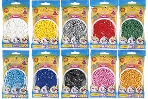 HAPPY PRICE TOYS Hama Midi Lot de perles à repasser Convulut – Blanc 01, jaune 03, rouge 05, bleu 08, vert 10, gris 17, noir 18, rose pastel 48, bleu azur 49, ours en peluche 60