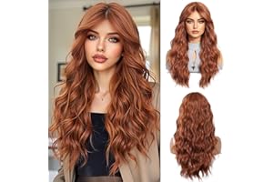 ‎OUFEI OUFEI Auburn Lange Gewellte Perücke für Frauen mit Vorhang Pony Natürlich Lockiges Synthetisches Haar Hitzebeständig Perücken für Tägliche Party Cosplay Tragen