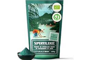 NaturaleBio Algues Spiruline Bio en Poudre 100g. Naturelle et Pure, Cultivée dans les régions tropicales. Idéale dans boissons et smoothies ou Recettes. Adaptée aux régimes végétariens et végétaliens.