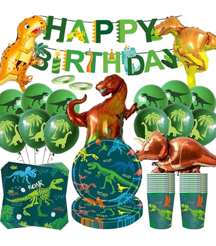 Dinosaurier Geburtstagsdekoration Set – 171 Teile Mit Tellern, Luftballons, Banner, Tischdecke