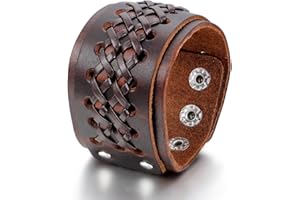 JewelryWe Schmuck Herren Breit Lederarmband, Punk Druckknopf geflochten Leder Armband Wickelarmband Armreif Manschette, verstellbare Größe, Schwarz/Braun