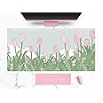 DSKGSJH WatercolorTulip Flower Mouse Pads,Extended Gaming Mousepad XXL Kawaii Anime Pink Green Large Full Desk for Wireless Mouse Keyboard Mat with Stitched Edges 31.5"x15.75