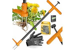 KESSER® Unkrautstecher mit Stiel | Unkrautentferner mit T-Griff & Fußpedal | Gartenwerkzeug effizientes Entfernen von Unkraut 3 Stahlzähne & Sprungfeder | Wurzelentferner mit Handschuhe & Schutzkappe