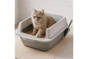 PureNest Cat Litter Tray Large with Scoop – Open Top Cat Litter Box with Detachable Rim – Non Stick Easy Clean Tray with Splash Guard for Cats Kitten – Grey & White 46 x 35 x 22cm