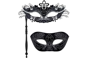 SIQUK Couple Masquerade Masks with Holding Stick Venetian Party Mask Halloween Costume Carnival Mask for Couples Women and Men