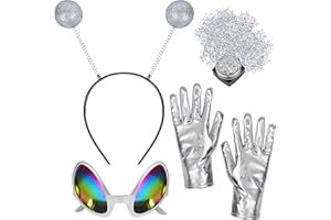Alaxciax 4 Stück Alien Kostüm Zubehör, Alien Haarreif mit Alien Brille Handschuhe Holographische Glitter Alien Accessoires für Damen Halloween Karneval Maskerade