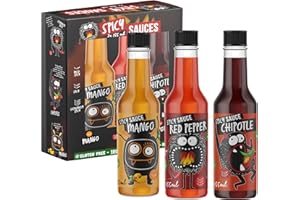 MIJOMA 3er Set Grillsauce Spicy Sauces mild bis extrem scharf Chillisauce, Milde Mangosauce, Würzige rote Paprikasauce, Scharfe Chipotle-Pfeffersauce, Geschenkset Griller Chili-Fans 495ml (3x165ml Flasche)