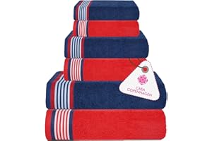 Casa Copenhagen Juego de Toallas de 6 Piezas, Azul Americano + Rojo Americano, 550 g/m², 2 Toallas de baño, 2 Toallas de Mano, 2 paños de Suave algodón Egipcio para baño, Cocina y Ducha