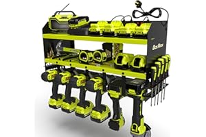 Toolganize Power Tool Organiser, Storage Rack with Power Strip Charging Station, Heavy-Duty for Workshop & Garage Tools - 6 Slot, Ryobi Acid Green.