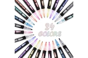 TINCAI 24pcs Double Line Outline Pens,Glitter Outline Markers Pens Metallic Markers for Gift Card Writing,3mm Dual Line Highlighter for Drawing,Scrap Booking,DIY Art Crafts,24 Colours
