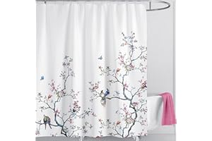 LIVETTY White Bird Extra Long Shower Curtain 180cm × 200cm Drop Floral Butterfly Fabric Bathroom Mould Proof Spring Washable Shower Curtain With 12 Hooks