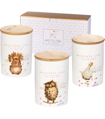 SPOTTED DOG GIFT COMPANY Set van 3 Keramische Voorraadpotten met Schattige Hondenmotief, Luchtdichte Keuken Voorraadbussen voor Koffie Suiker Thee, Cadeau voor Hondenliefhebbers 1200 ml